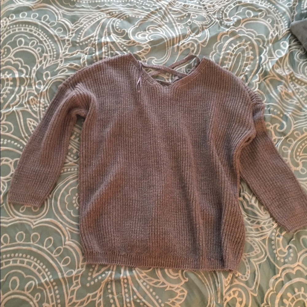 Gray lace up back sweater
